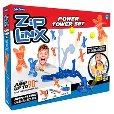 Image of John Adams ZipLinx Power Tower Set: high flying chain reaction fun! Jumping Domino Action and Tile Games Ages 6+,Red