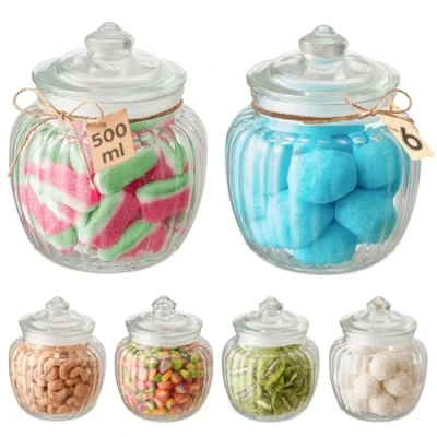 Image of Praknu Sweet Candy Jars Large 500 ml Airtight 6 Vintage Glass with Lids and Labels Durable Dishwasher Safe For Sweets &amp; Snacks