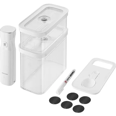 Image of Zwilling FRESH &amp; SAVE CUBE vacuum starter set, size M, 5 piece storage set incl. 2x boxes pump, measuring spoon, NFC labels