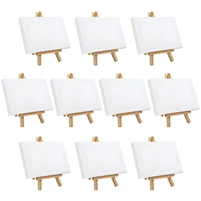 Image of Belle Vous 10 Pack Mini Art Canvas with Wooden Easel H15.5 x W8.9cm (6.10 3.5 inches) Pre Stretched and Primed Blank Table Top Easels for Oil Acrylic Painting &amp; Drawing