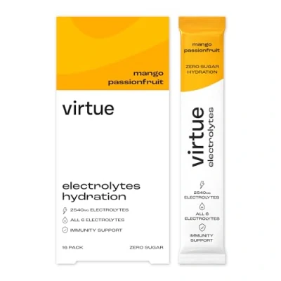 Image of Virtue Electrolytes Hydration Sachets Zero Sugar, Calories All 6 Electrolytes, Vitamin C (16 Pack, Mango Passionfruit)