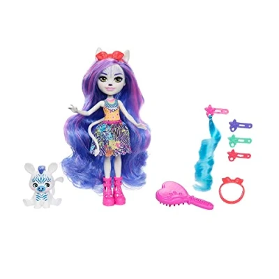 Image of Enchantimals Zemirah Zebra Doll with Long, Glamorous Hair, Accompanied by Best Friend Grainy, Total 5 Hair Play Accessories, Gift for Children from 4 Years, HNV28