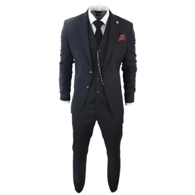 Image of Mens Classic 3 Piece Suit Black Pocket Chain Wedding Tailored Fit Vintage Formal 50