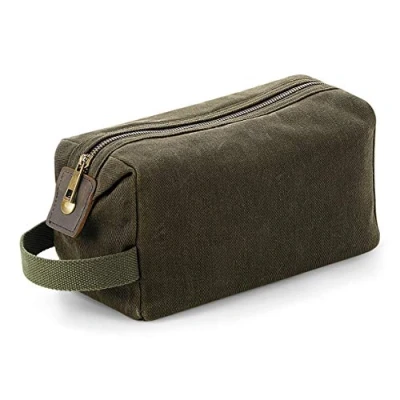 Image of Quadra Heritage Leather Accented Waxed Canvas Wash Bag (One Size) (Olive Green)