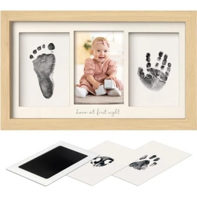 Image of Inkless Baby Hand And Footprint Kit Frame Personalized Picture for Newborn Mess Free Keepsake Handprint Shower Gifts (Ash Wood)