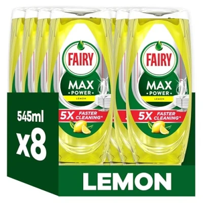 Image of Fairy MaxPower Washing Up Liquid Lemon 8 x 545 ML, Easy &amp; Effortless Cleaning, Even On Your Greasiest Pots Pans