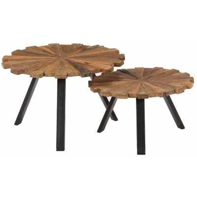 Image of vidaXL Coffee Tables 2 Pieces Set, Solid Reclaimed Wood Rustic Handmade Round with Steel Base Multi Functional Living Room Furniture
