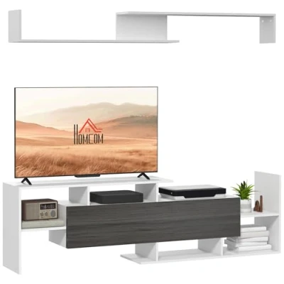 Image of HOMCOM Modern TV Cabinet with Wall Shelf, Unit Storage Shelf and Cabinet, for Mounted 65&quot; TVs or Standing 40&quot; TVs, White Grey