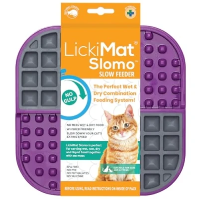 Image of LickiMat Slomo, Cat Slow Feeder Lick Mat, Boredom Anxiety Reducer; Perfect for Food, Treats, Yogurt, or Peanut Butter. Fun Alternative to a Feed Bowl Dish, Purple