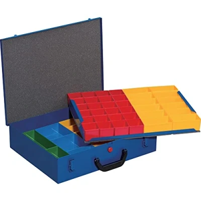 Image of Allit 454124 Metal Hardware Box with 59 Shallow Removable Compartment, Blue