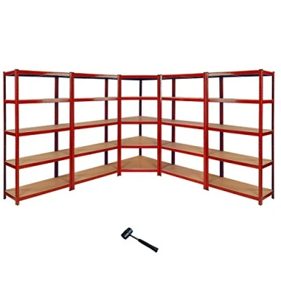 Image of Monster Shop 5 Racking Shelving Units 1 x Corner Garage Unit &amp; 4 Storage Rack Bays Z Rax Red Steel MDF Shelves 8525kg Total Capacity 265kg per shelf Free Rubber Mallet