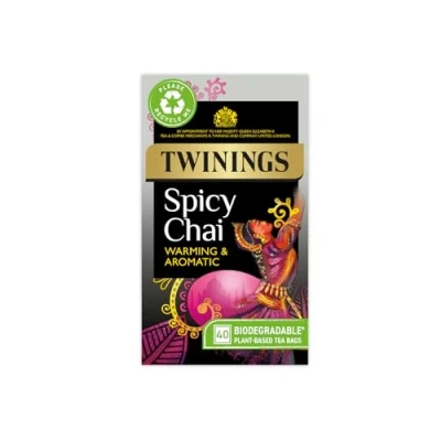 Image of Twinings Spicy Chai Tea Warming &amp; Aromatic Black Spices of Cinnamon, Clove Ginger with Assam Base, 40 Biodegradable Bags