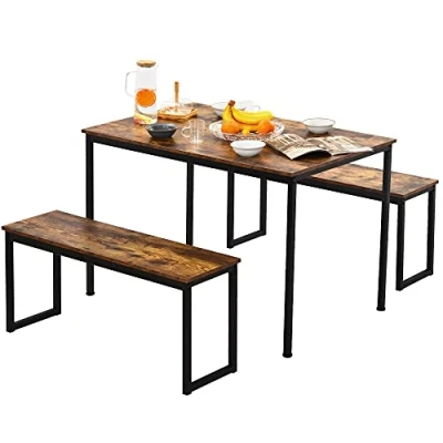 Image of Merax 3 Piece Dining Room Set, 4 Person Space Saving Kitchen Furniture, Steel Frame Imitation Marble Veneer, Brown, 1 Table &amp; 2 Benches