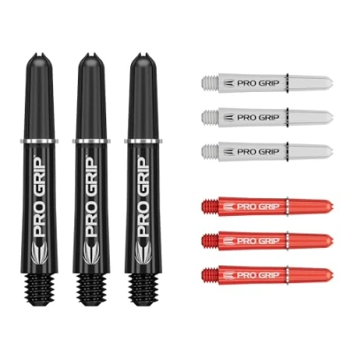 Image of TARGET Darts Pro Grip Shafts Set of 9 3 Colours, Black/White/Red Short, 34mm Dart Stems, Professional Accessories, 2BA Shaft Multipack with Rings