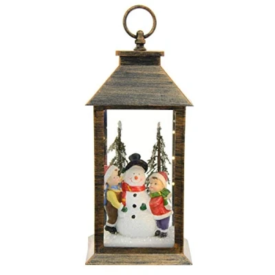 Image of Mr Crimbo Light Up Christmas Snowman Scene Lantern Decoration With Warm White LED Lights And Copper Effect Finish 34cm