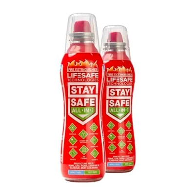 Image of StaySafe All in 1 fire Extinguisher, Twin Pack For Home, Kitchen, Car, Caravan, Camping The compact extinguisher that tackles multiple types of