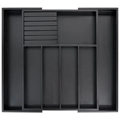 Image of VaeFae Bamboo Silverware Drawer Organizer Kitchen, Expandable Utensil Holder and Cutlery Tray with Divider 13&quot; 21.6&quot; Flatware Storage Removable Knife Block (Black)…