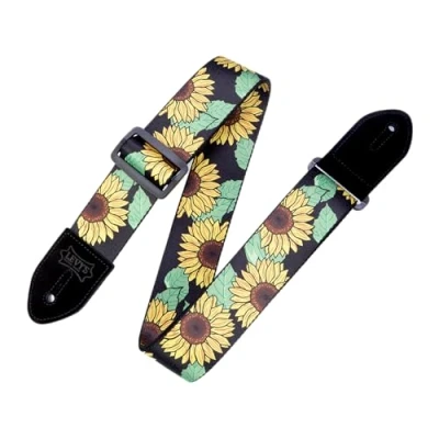Image of Levy&#039;s Leathers 2&quot; Polyester Guitar Strap Sunflower Design; Black, Yellow, Green, and Brown MP2 009