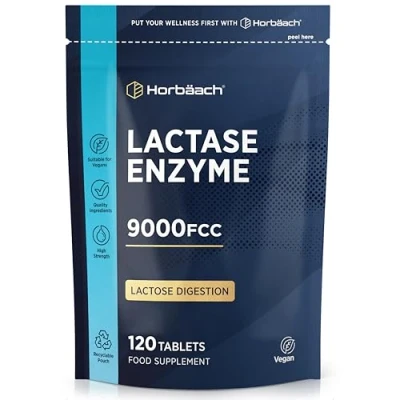 Image of Lactase Tablets 9000 FCC Enzyme Lactose Digestion 120 High Strength Vegan Food Supplement by Horbaach