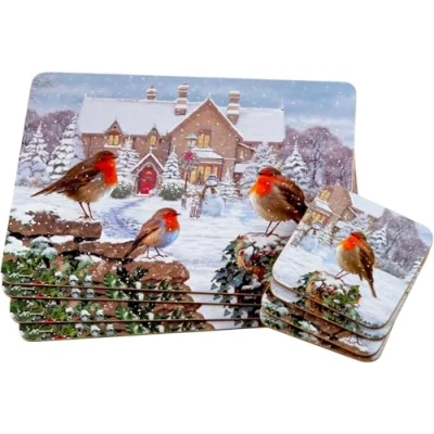 Image of Sets of 4 Placemats with Matching Coasters (Christmas Robin AB Placemat and Coaster Set)