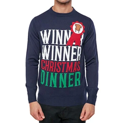 Image of Christmas Jumper Winner Chicken Dinner Novelty Xmas Knit Sweater Midnight Blue