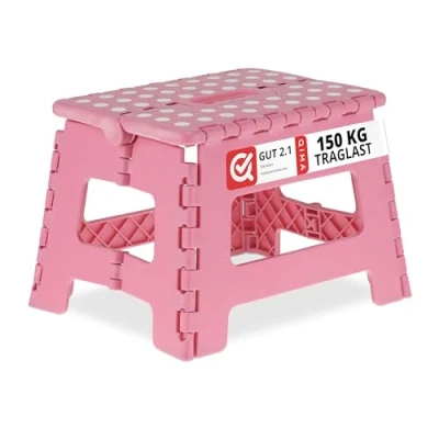 Image of Relaxdays Folding Step Stool, Collapsible, Non Slip, Max. Load 120 kg, Carry Handle, HxWxD: 22.5 x 32 25 cm, Pink
