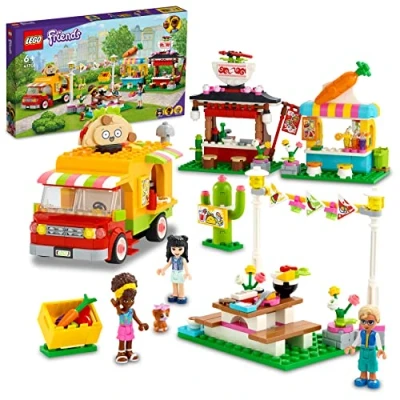 Image of LEGO 41701 Friends Street Food Market with Taco Truck Toy &amp; Juice Cafe, Creative Gift for Girls and Boys 6 + Years Old Emma Mini Doll