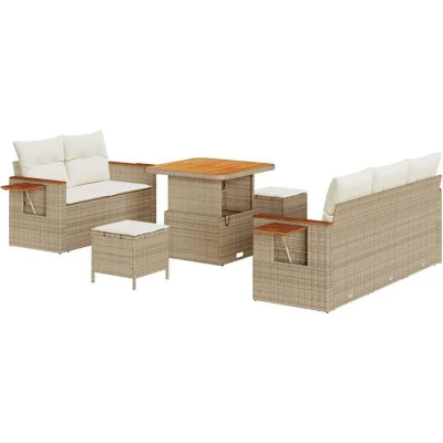 Image of vidaXL 8 Piece Garden Sofa Set with Cushions Beige Poly Rattan Acacia