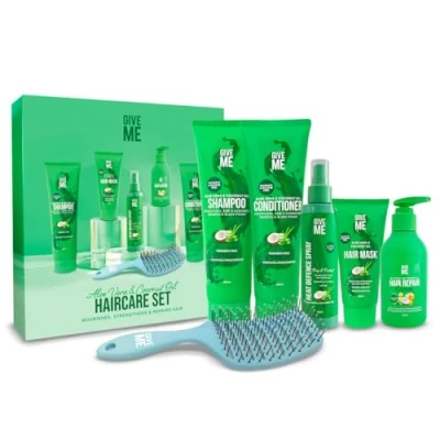 Image of Give Me Cosmetics, Hair Care Gift Set, Aloe Vera &amp; Coconut Oil Sulphate Free Shampoo Conditioner, Mask, Heat Defence Spray, Serum, Protection Vent Brush, Sets for Women