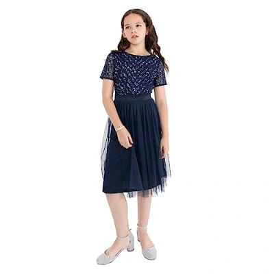 Image of Maya Deluxe Girl&#039;s Midi Dress for Wedding with Sequin Embellishment Short Sleeve Prom Birthday Party Bridesmaid, Navy, 9 10 Years
