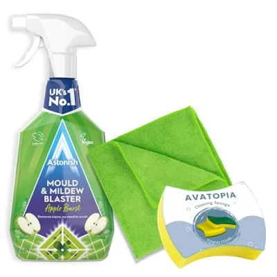 Image of Astonish Mould &amp; Mildew Blaster 750ml, Cleaning Sponge and Microfibre Cloth Set Multi Purpose Remover Spray for Bathrooms, Kitchens Walls Black Mould, Grime Removal Apple Burst