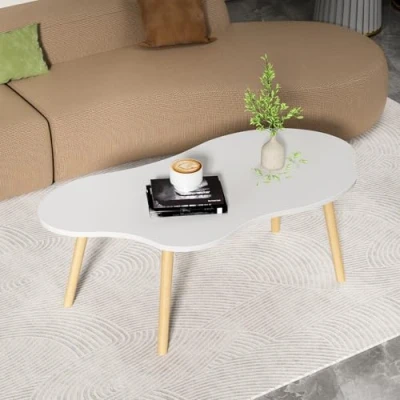 Image of Small Coffee Table for Living Room, Modern Low Tables with Cloud Shape, Solid Wood Tea Center Space Saving White 120cm