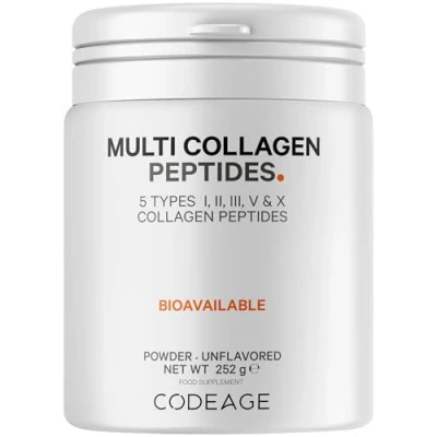 Image of Codeage Multi Collagen Protein Powder Peptides, Hydrolyzed, Type I, II, III, V, X Grass Fed All in One Super Bone Broth Supplement, Non GMO, 252 Grams