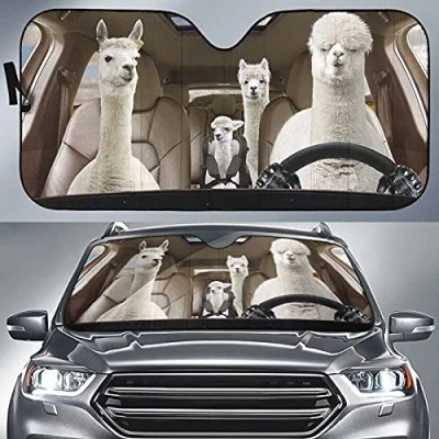 Image of UOIMAG Auto Windshield Sun Shade Llama Family Print Car Sunshades Durable Accordion Fits Most Vehicles UV Rays Visor Protector