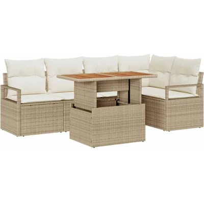 Image of vidaXL 6 Piece Garden Sofa Set with Cushions Beige Poly Rattan Acacia