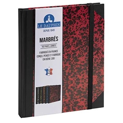 Image of Le Dauphin Ref. 267205D 1 notebook lined interior print with black elastic closure band dimensions 22 x 17 cm vertical format 192 pages red marbled cover