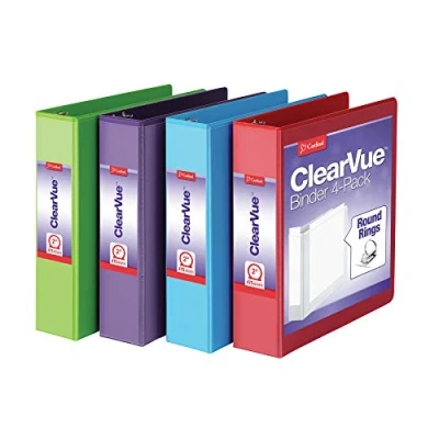 Image of Cardinal 3 Ring Binders, Binders for School and Office, Durable 2 Inch Binder with Round Rings, Holds 475 Sheets, ClearVue Covers, Non Stick, PVC Free, Assorted Colors, 4 Pack (29311)