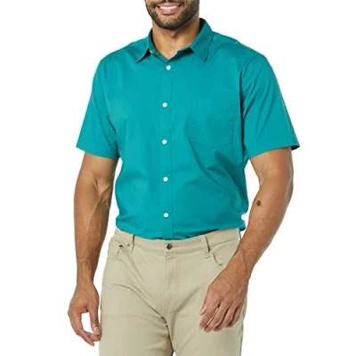Image of Amazon Essentials Men&#039;s Slim Fit Short Sleeve Poplin Shirt, Teal Blue, XL