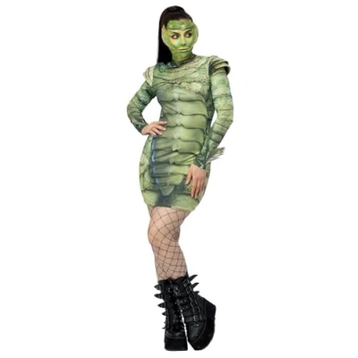 Image of Smiffys Universal Monsters Creature From The Black Lagoon Costume, Adults Green Dress with Scale Detailing, Official License Outfit for a Complete Look, Perfect Halloween and Themed Parties, MED