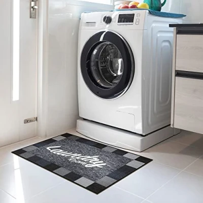 Image of Ottomanson Laundry Collection Checkered Border Rubberback Mat, 67 cm x 90 cm, Black
