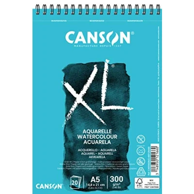 Image of CANSON XL Watercolour 300gsm A5 Paper, Cold Pressed, Spiral Pad Short Side, 30 White Sheets, Ideal for Professional Artists
