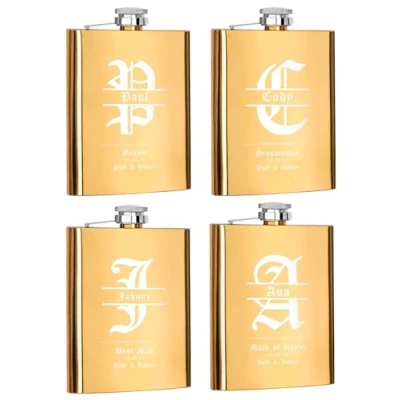 Image of Set of 4, Personalised Flasks for Groomsmen Bridesmaid Gifts, 8oz Stainless Steel Engraved Men Women, Custom Wedding Party Gift, Best Friend Gift