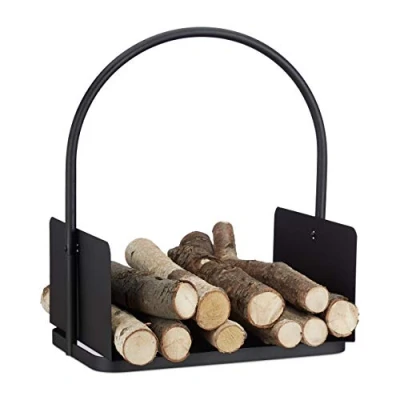 Image of Relaxdays Firewood Basket, Large Fireplace Wood Cradle, Metal Log Holder, H x W D 47 40 30 cm, Black