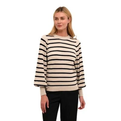 Image of KAFFE Women&#039;s Pullover Light Knit Striped Crew Neck Regular Fit Long Sleeves, Feather Gray Melange/Black, XL