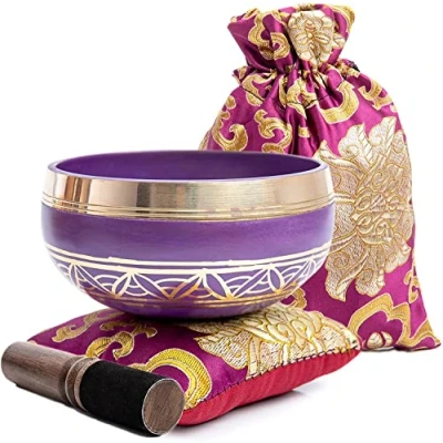 Image of Tibetan Singing Bowl Set Easy To Play for Beginners Authentic Handcrafted Mindfulness Meditation Holistic Sound 7 Chakra Healing Gift by Himalayan Bazaar (Purple Magenta)