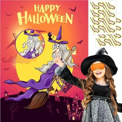 Image of Accessotech Halloween Decoration Party Game for Kids Pin the Nose On Witch Sticker Display