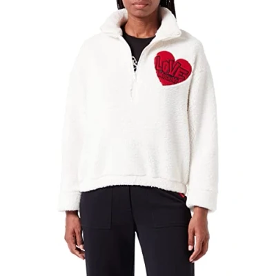 Image of Love Moschino Women&#039;s Zipped Collar in eco Teddy Fur with Heart Patch. Sweatshirt, Cream, 42