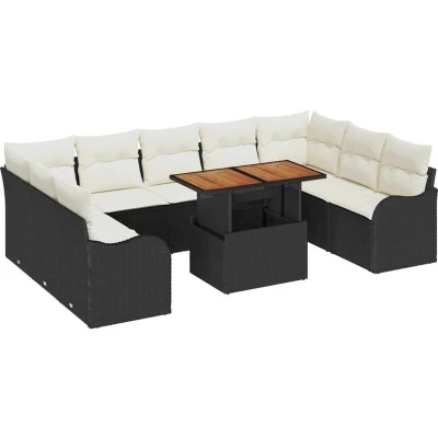 Image of vidaXL 10 Piece Garden Sofa Set with Cushions Black Poly Rattan