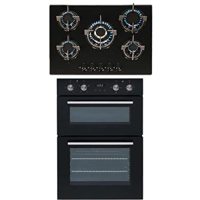 Image of SIA 60cm Built In Double Electric Oven &amp; Black 70cm 5 Burner Gas On Glass Hob