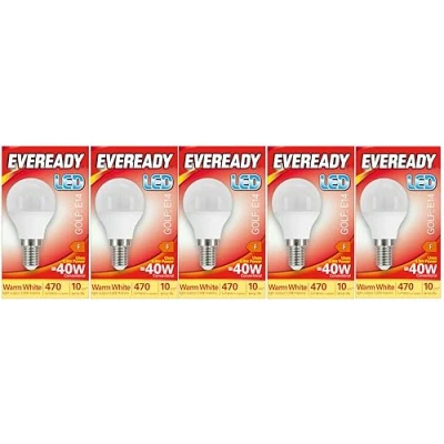 Image of Eveready E14 Bulb LED Golf (SES) 470 lumens 4.9 Watt Warm White 3,000K. Pack of 5 Bulbs
